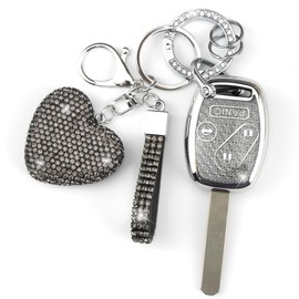 YIKECASE Key Fob Cover with Diamond Keychain Car Key Holder Case Compatible with Honda 2003-2015 Accord Crosstour CR-V Civic Element Pilot Protector for Women 4 Buttons, (Black-Heart)
