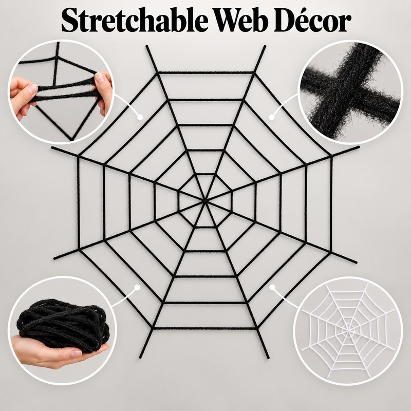 150/250cm Giant Stretchy Spider Web Halloween Cobweb, Black White Spider
