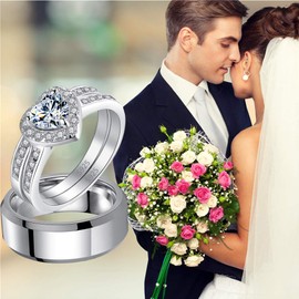MABELLA His Hers 3 Pcs Stainless Steel Matching Band Women Heart Cut Sterling Silver Wedding Engagement Ring Set Women's Size 5 Men's Size 9
