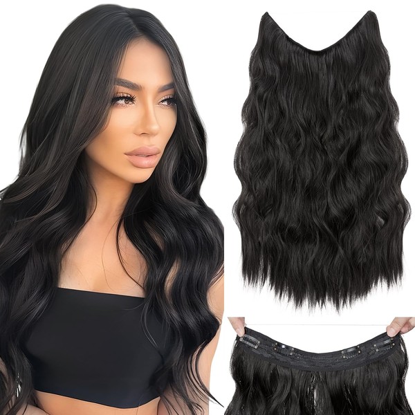 MY-LADY Secrets Hair Extensions, Long Wavy Hair Extensions, Invisible Hairpiece, Synthetic Hair, Invisible Hairpieces Like Real Hair, 4 Clip-In Hair Extensions for Women, 50 cm, Natural Black