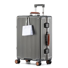 HotWay 24 Inch Hardside Checked Luggage with Leather Handle, PC Zipperless Suitcase with Spinner Wheels and TSA Locks, Lightweight Checked Luggage for Travel, Grey
