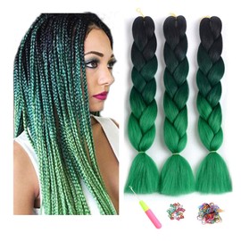 ShowJarlly Box Braid Hair Extensions, 24inch Black/Blackish Green/Dark Green ​Ombre Jumbo Braid Hair, 3Packs Synthetic Jumbo Braiding Hair Extension Afro Hair Extensions for Crochet Twist Braids