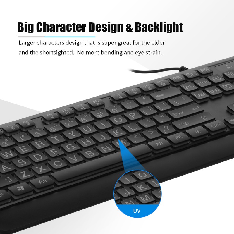 Wired Large Print Keyboard White Bold Jumbo Letters Silent Backlit