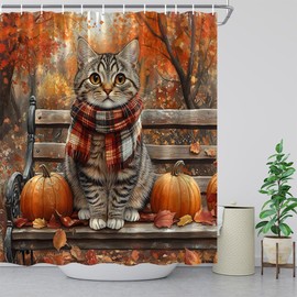 Forest Cat Shower Curtain Autumn Pumpkin Park Bench Outdoor Scenery Forest Orange Fall Leaves Thanksgiving Day Decorate Polyester Bathroom Fabric Curtains Set with Hook