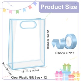 CINSOEN 12 Pcs Clear Plastic Gift Bag with Handle, PVC Gift Bag with Ribbon Bow for Graduation Wedding Bridal Birthday Baby Shower Party, 7 x10 x 3.15 Inch, Light Blue