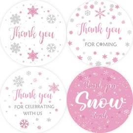 80pcs Snowflake Thank You Stickers, Thank You Snow Much Round Stickers, Winter Wonderland Stickers, Pink Snowflake Thank You Stickers for Winter/Wedding Party Favors