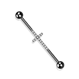 Pierced Owl - 14GA CNC Set Lined CZ Cross F-136 Implant Grade Titanium Industrial Cartilage Barbell, Metal, cubic-zirconia