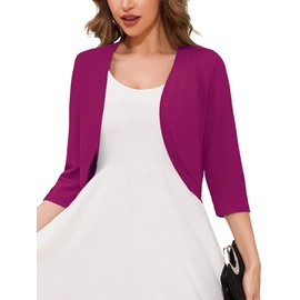 Moodclo Women's 3/4 Sleeve Lightweight Open Front Cardigan Magenta Medium V-Neck Knit Cropped Bolero Shrug Sweater for Women Elegant Dresses Cover Up