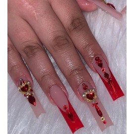 Press on Nails Extra Long - Aegenacess Square Press On Nails with 3D Heart Rhinestones, Luxurious Y2K Fake Nails with Glue Sticker, Handmade 24 pcs Stick On Nails False Nail in 12 Sizes