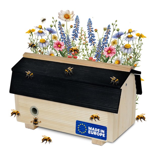 Weatherproof Wooden Bumble Bee House with Roof - Bumblebee Box
