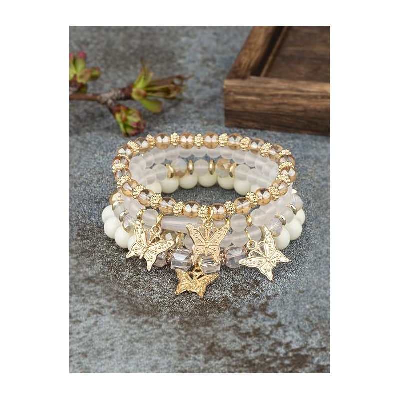 Caiyao 4pcs Butterfly Bohemian Beaded Stackable Stretch Bracelet Set Elastic