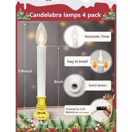 4 Pack Christmas Battery Operated Window Candles with Timer (6-18H), Wireless Window Candle Light with Gold Candlestick Base, C26 LED Bulb Candle Lamp for Home Party Christmas Decor, 4 Suction Cups