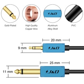 J&D 1/4 inch TS to 3.5mm TRS Cable, Heavy-Duty Copper Shell 6.35mm 1/4 inch Male to 3.5mm 1/8 inch Male Mono Interconnect Stereo Aux Cable for Phone Laptop MP3 Speaker Mixer, 3 Meter