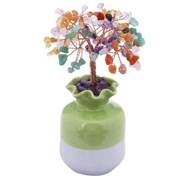 SUNYIK Natural Multicolor Crystal Money Tree, Green Ceramic Vase Base Bonsai Sculpture Figurine 4.5 Inch
