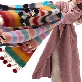 auons Women's Winter Scarves Wraps Warm Blanket Scarf Oversized Thick Multicoloured Striped Scarf Long Stole with Tassels, Blue Brown