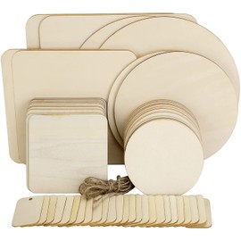 Pack of 53 Unfinished Wooden Plates for Crafts, Round Wooden Discs and Square Wooden Discs for Pyrography, Painting, Hanging Decorations