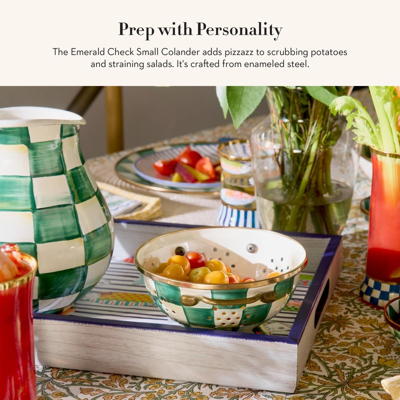 MACKENZIE-CHILDS Enamel Colander, Decorative Kitchen Strainer, Small, Green-and-White Emerald Check