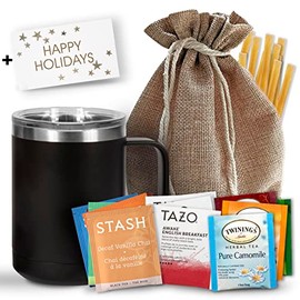 Bellina Tea Gift Baskets for Women & Men - Holiday Tea Gift Set - Herbal Tea Gift Sets for Tea Lovers - Tea Mug Gift Set - Insulated Mug, 20 Premium Teas, 10 Honey Straws, Gift Tag, Natural Gift Bag