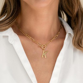 Halora A-Z Gold Paperclip Chain with Letters Necklace Women's Necklace Letter Pendant Chain Letter Chain for Women Gifts, Copper, No Gemstone