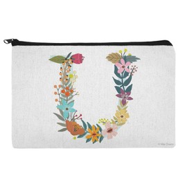 Letter U Floral Monogram Initial Makeup Cosmetic Bag Organizer Pouch