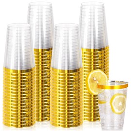 Upigi 100 Pcs Gold Plastic Cups,12oz Gold Rimmed Plastic Cups,Heavy Duty Disposable Plastiic Wine Glasses Cocktail Glasses Premium Cup with Gold Rim for Party,Wedding,Christmas