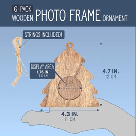 Christmas Tree Ornaments, Wood Photo Frame Hanging Decorations (4.5 In, 6 Pack)