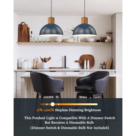 ELYONA Industrial Pendant Light 12" Hammered Metal Dome Hanging Lamp Solid Wood Pendant Light Fixtures for Kitchen Island, Farmhouse, Dining Room, Sink, Bedroom, Hallway, Modern Blue