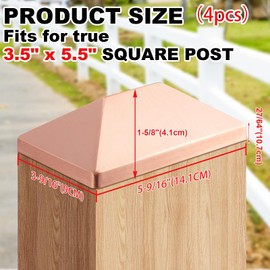 Blulu 4 Pcs 4''x6'' (Actual 3.5''x5.5'') Solid Copper Pyramid Post Cap Fence Pyramid Decking Caps for True/Actual Metal Wood Cedar Fence Deck Corridors Mailbox Posts End Cover