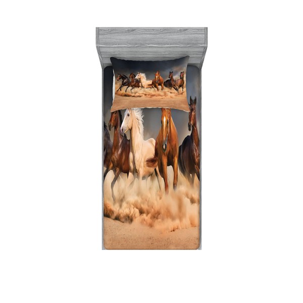 Ambesonne Horse Fitted Sheet & Pillow Sham Set, Equine Themed