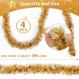 Tinsel Christmas Tree Gold & White 4 x 3 m Garland Christmas Tinsel Diameter 9 cm, Shiny Christmas Garlands Fir Garland Christmas Tree Decoration Gold Christmas Decoration Garland