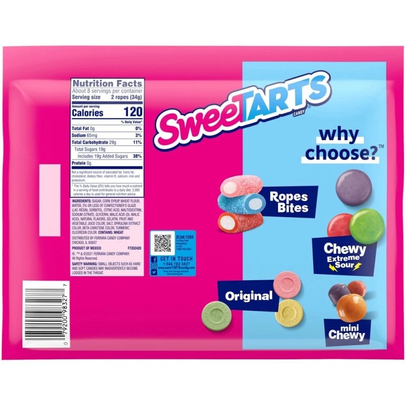 Sweetarts soft & chewy ropes twisted rainbow punch candy bag