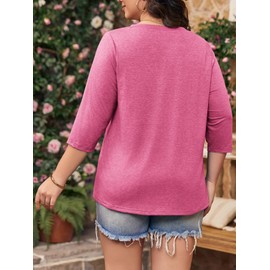 Tankaneo Women Plus Size Tops V Neck 3/4 Sleeve Casual T Shirts Loose Basic Tunic Tees Hot Pink