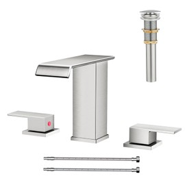AVSIILE Waterfall Bathroom Faucet 3 Hole, Brushed Nickel 8 Inch Widespread Modern 3 Piece Bathroom Sink Faucet, Touch On Lavatory Faucet for Vanity RV Restroom, Straight Spout