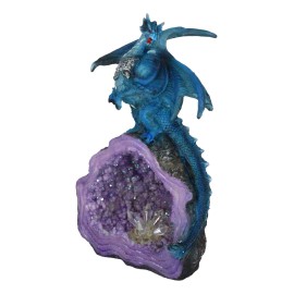 Armored Blue Dragon On Purple Quartz Faux Geode Crystal Cavern Rock Figurine