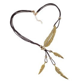 Leaf Rope Chain, Native American Feathered Pattern Pendant for Men, Women - Long Fine Necklace/Choker Jewelry, Bohemian-Style Fashion Statement Accessories for Collares/Sweater/Costume (Coffee&Golden)
