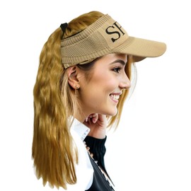 LEEWIN Visor Cap with Single Color Corn Curly Style Velcro Hair Piece,Synthetic Hairpiece for Women Girls (20inch, Flaxen Hair,Light Coffee Hat)