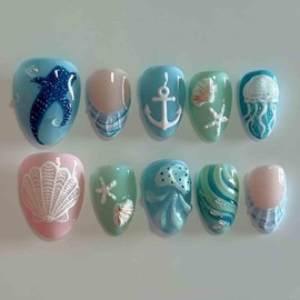 24Pcs Cute Summer Press on Nails Short Almond French Tip Fake Nails 3D Jellyfish Shell Starfish Fish Anchor Designs Glitter Full Cover Ocean Stick on Nail Beach False Nails for Women Acrylic Nails