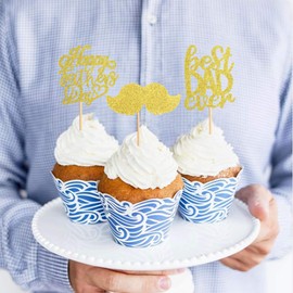 Keaziu Paquete de 48 decoraciones doradas para cupcakes con texto en inglés "Happy Padre", para decoración de tartas y fiestas del día del padre, decoración de fiestas