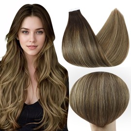 Full Shine Human Hair Tape in Extensions, 16 Inch Off Black Honey Blonde