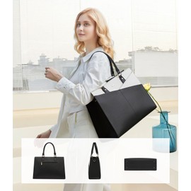 LOVEVOOK Laptop Tote Bag for Women, Leather Business Office Work Bag Computer Briefcase with Small Clutch fit for 15.6 Inch Laptop,Black-Beige