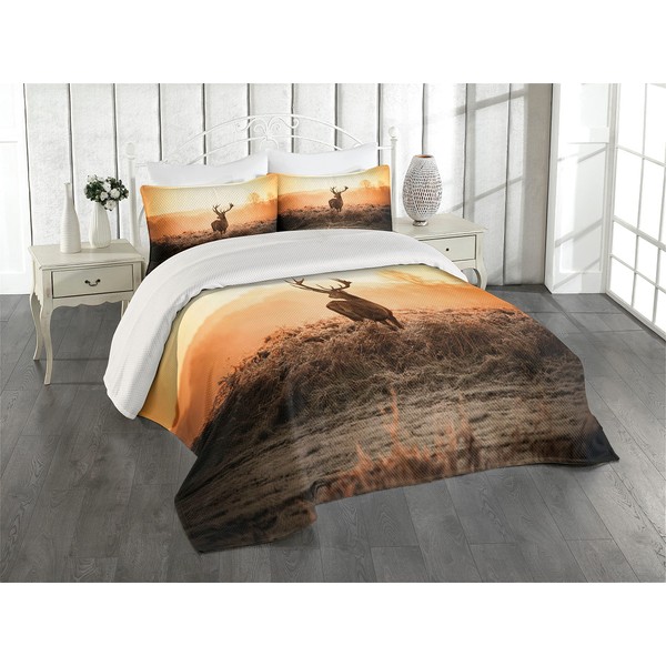 Ambesonne Hunting Coverlet, Red Deer in The Morning Sun Wilderness Nature Scenery Countryside Rural Heathers, 3 Piece Decorative Quilted Bedspread Set with 2 Pillow Shams, Queen Size, Orange Brown