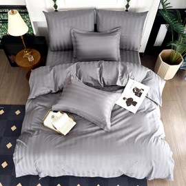 Amolavet Hotel Duvet Cover King Size 3 Pcs Set Cotton Dark Grey Satin Striped Textured with Zipper 104x90 (1 Duvet Cover & 2 Pillow Shams) - Comforter Cover/Quilt Cover King Size