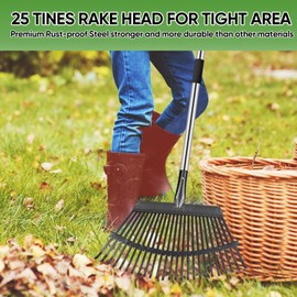 Coopvivi Rake Heavy Duty 6FT Long Garden Rake , 18.5 Inch Wide, 25 Metal Tines, Adjustable Stainless Steel Handle, Leaf Rakes for Leaves, Yards, Grass, Garbage, Weeds, Debris (Black)