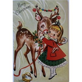 Vintage Inspired Christmas Postcard Retro Little Girl With Reindeer #4151 Tonya