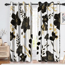 Renaiss Black Floral Blackout Curtains for Bedroom Watercolor Flowers Leaves Plants Window Curtain Boho Botanical Window Drapes for Living Room Decor Darkening Curtains 2 Panels Set, 42x63 Inch