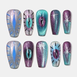 Sun&Beam Nails Handmade Press-on Medium Long Coffin Ballerina Purple Silver Blue Hand-painted Magnet Cool Design Fashionable False Nail Tips 10 Pcs Set (#144 M）