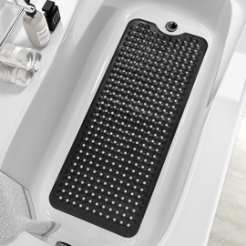 MOONFLY MOONFLY Shower and Bathtub Mat,40x16 Inches,Extra Long Non Slip Mats with Suction Cups and Drain Holes, Machine Washable and Anti Slip Bathmats, Bathroom Mats for Tub Nonslip (Black)