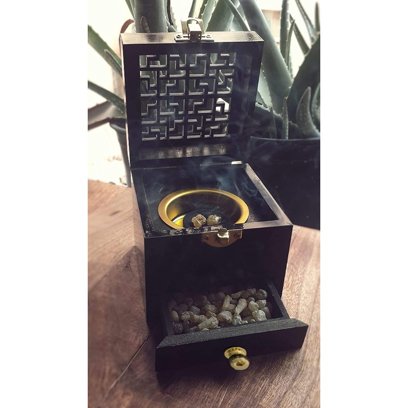 Nazareth Store Charcoal Incense Burner Resin Holder Black Natural Wood