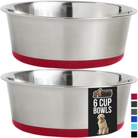 GORILLA GRIP Set of 2 Dog Bowls, Holds 6 Cups (48 fl oz), Heavy Duty Metal Food and Water Bowl for Feeding Dogs and Cats, Dishwasher Safe, Rust Resistant Stainless Steel, BPA Free Rubber Base, Red