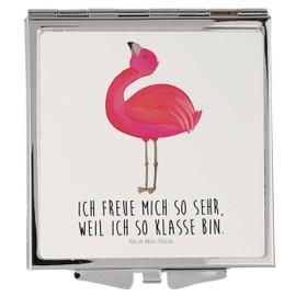 Mr. & Mrs. Panda Handtaschenspiegel quadratisch Flamingo Stolz - Geschenk, Selbstliebe, Schwester, Mama, schminken, Schminkspiegel, silber, Tochter